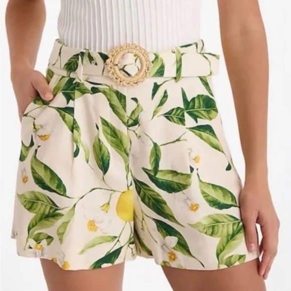 Express Pants - New! Express High Waisted Belted Lemon Print Shorts 45773